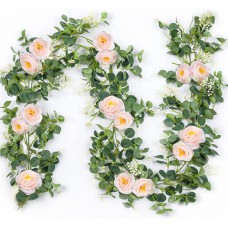 Miracliy 2 Pack Eucalyptus Garland with Blush Pink Rose, Greenery Garland Bulk Artificial Silk Floral Eucalyptus Leaves Vines for Wedding Party Table Mantle Wall Home Room Decor.