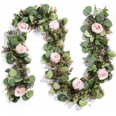 Miracliy Eucalyptus Garland with Flowers, 6.5ft Aritficial Pink Rose Vine Silk Floral Eucalyptus Leaves Greenery for Wedding Table Mantle Wall Backdrop Room Party Decor